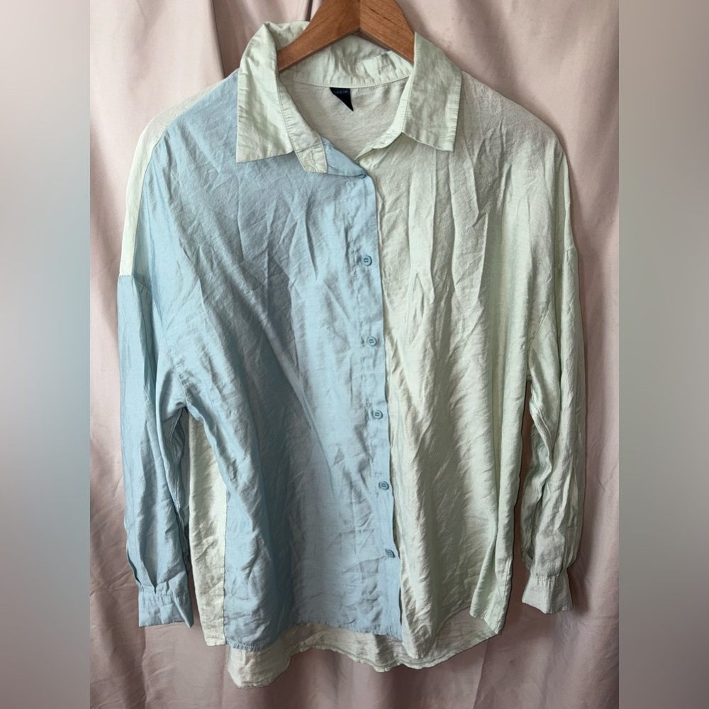 SHEIN Two-Tone Button-Up Mint/ Aqua Long Sleeve Shirt